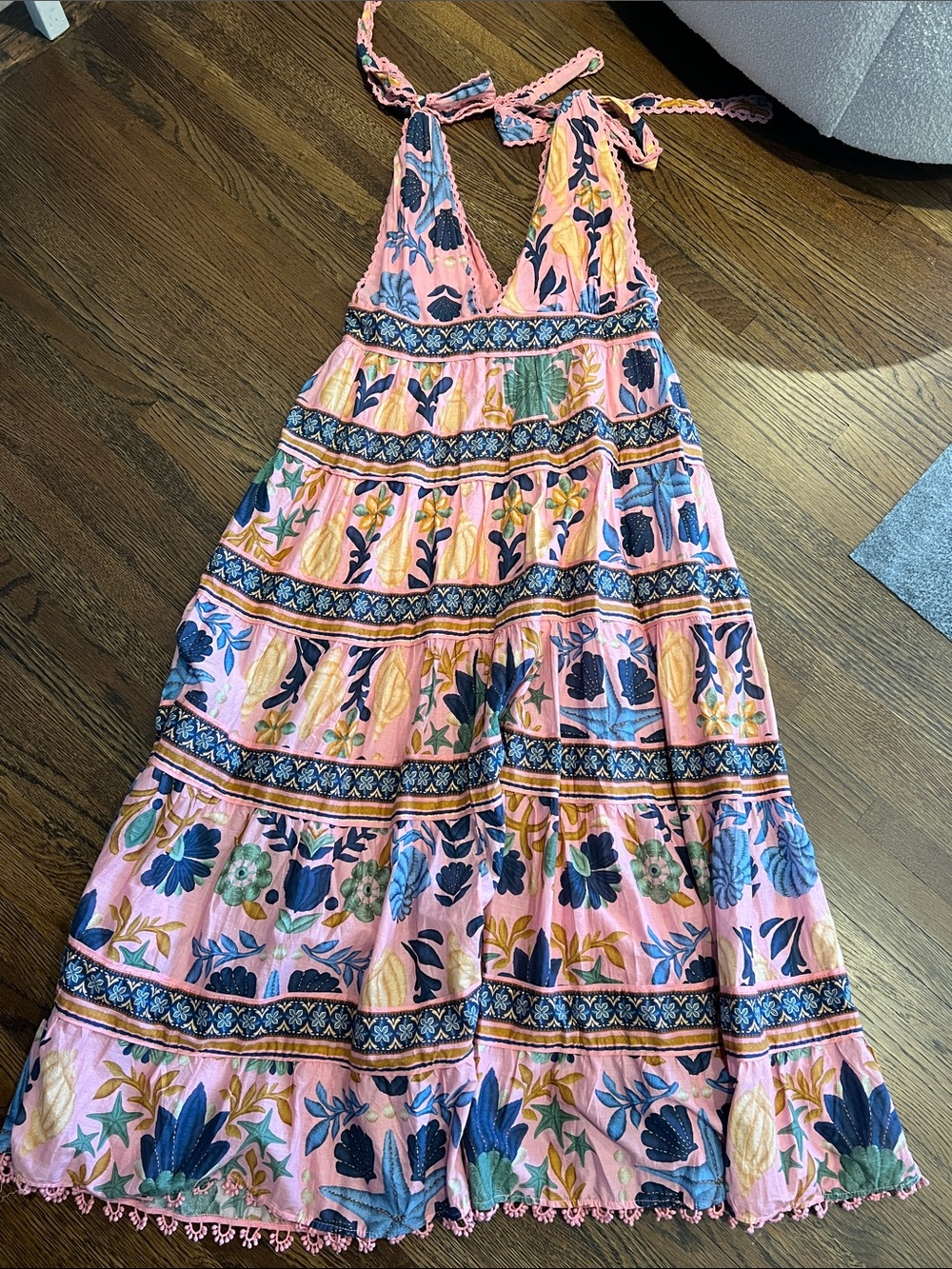 FARM Rio Pink Floral Tiered Sundress with Blue and Yellow Print - M